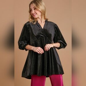 Umgee Full Size Beaded Frill Flounce Sleeve Velvet Babydoll Blouse